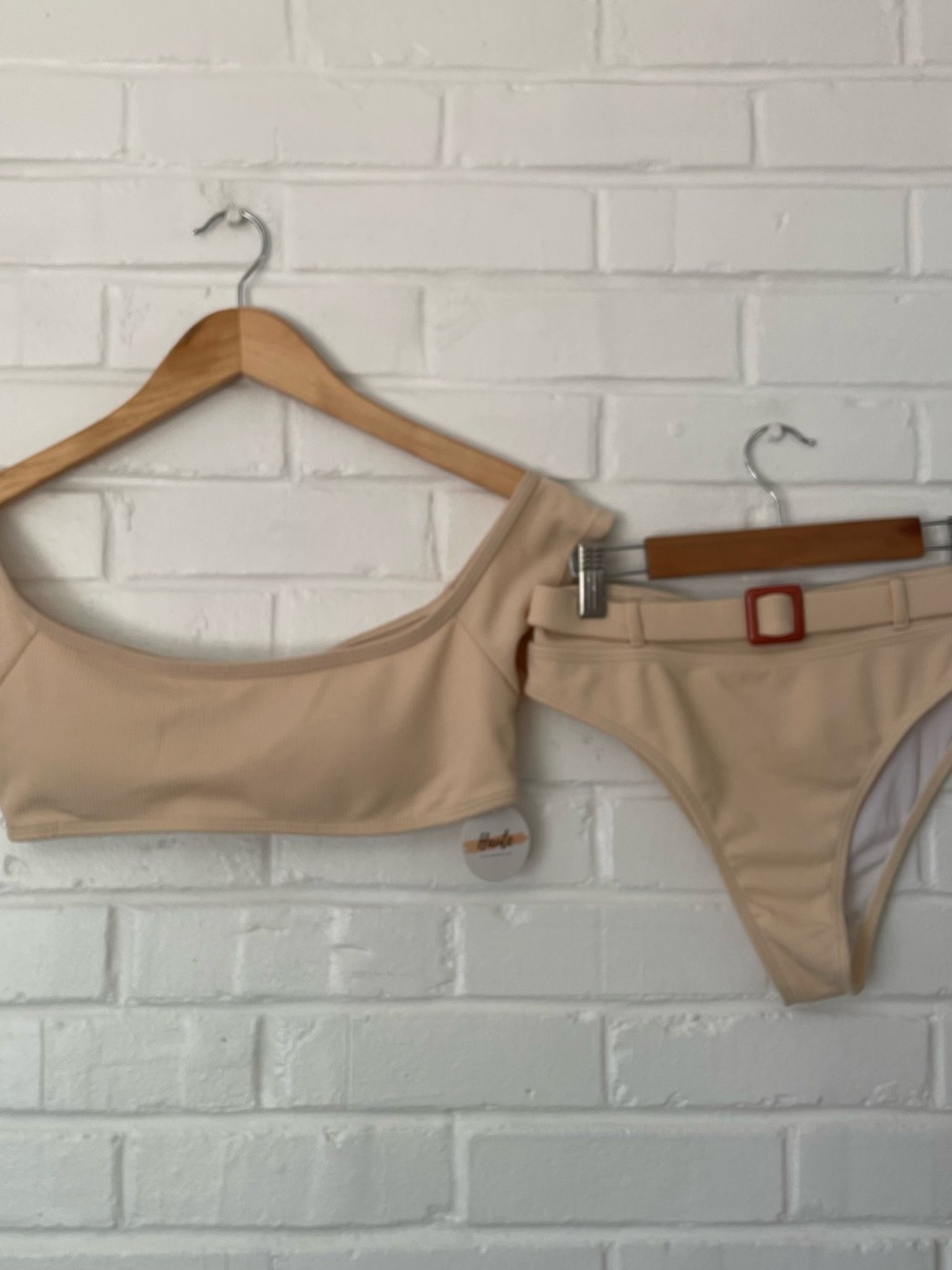 HAUTE SHORE Beige Ribbed Bikini Set with Belt Accent